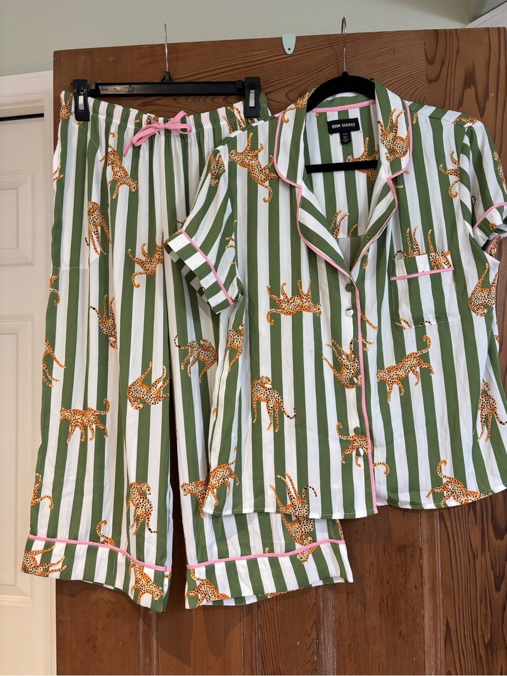 Room Service Cropped Striped Cheetah Green &White Pajamas *see comments for size